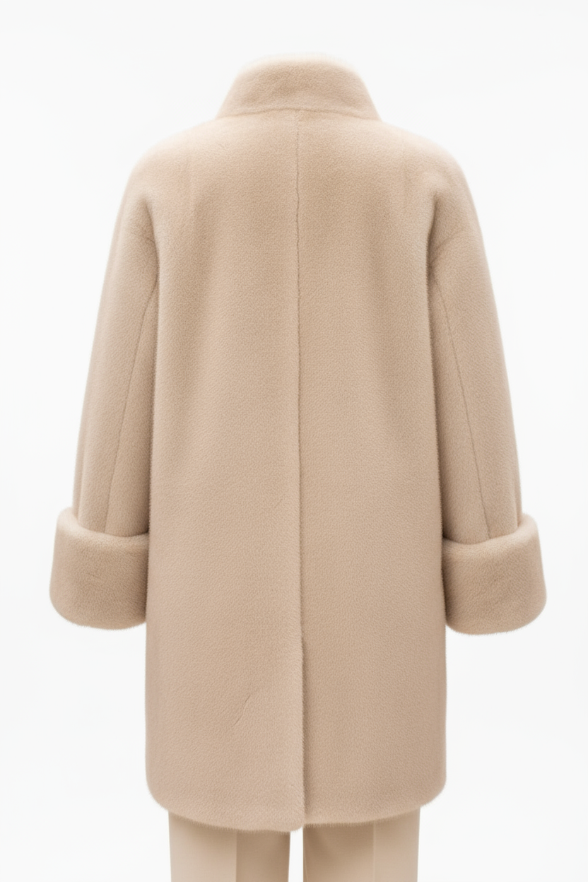 Back view of cream faux fur jacket