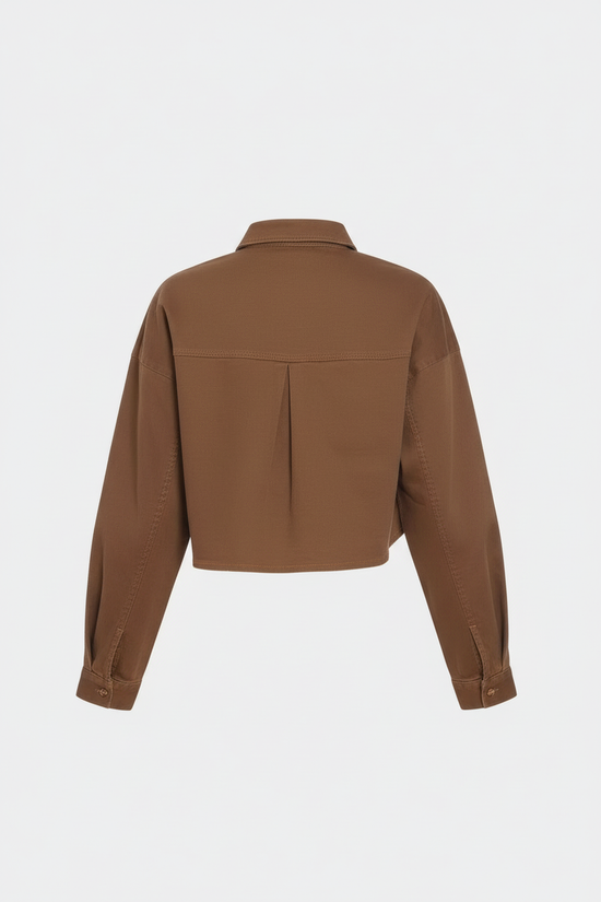 Back view of milk chocolate denim shirt