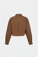 Back view of milk chocolate denim shirt