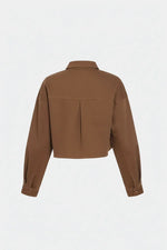 Back view of milk chocolate denim shirt
