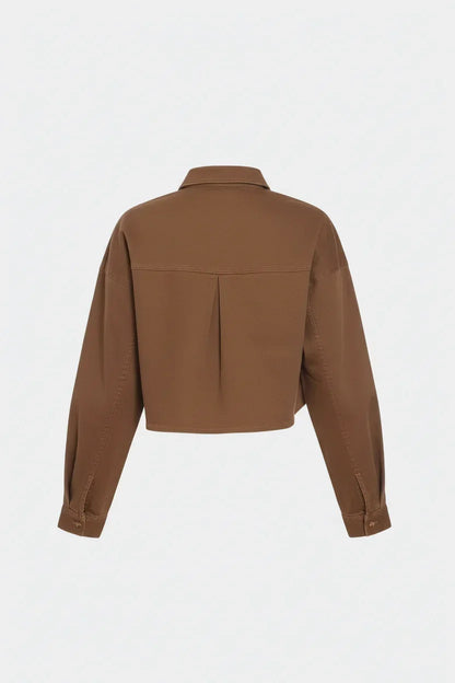 Back view of milk chocolate denim shirt