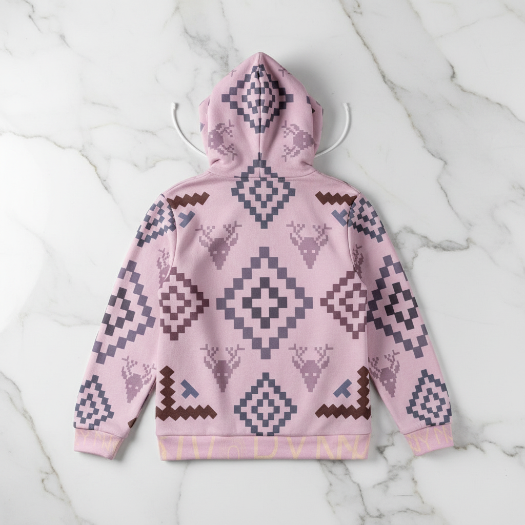 Back view of pink geometric hoodie