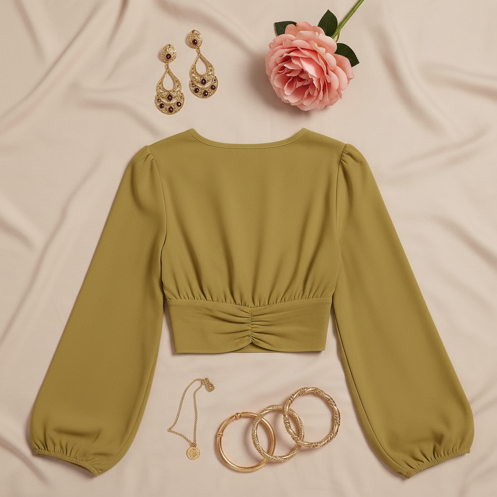 Back view on beige background with vintage gold jewelry and garden rose