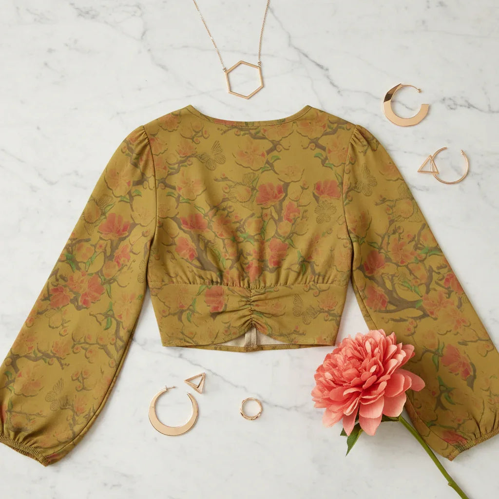 Back view on cream marble with modern geometric jewelry and coral flower