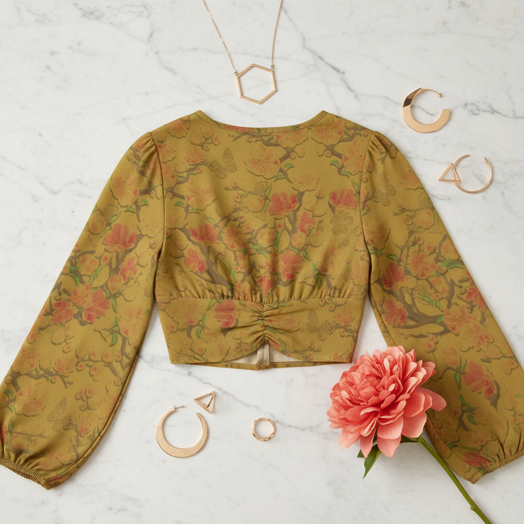 Back view on cream marble with modern geometric jewelry and coral flower