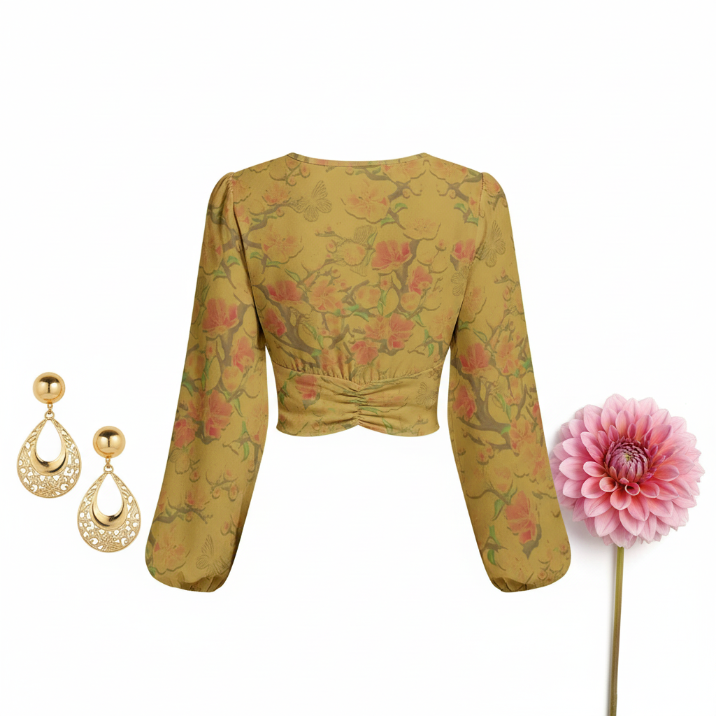Back view on white background with gold statement earrings and pink dahlia