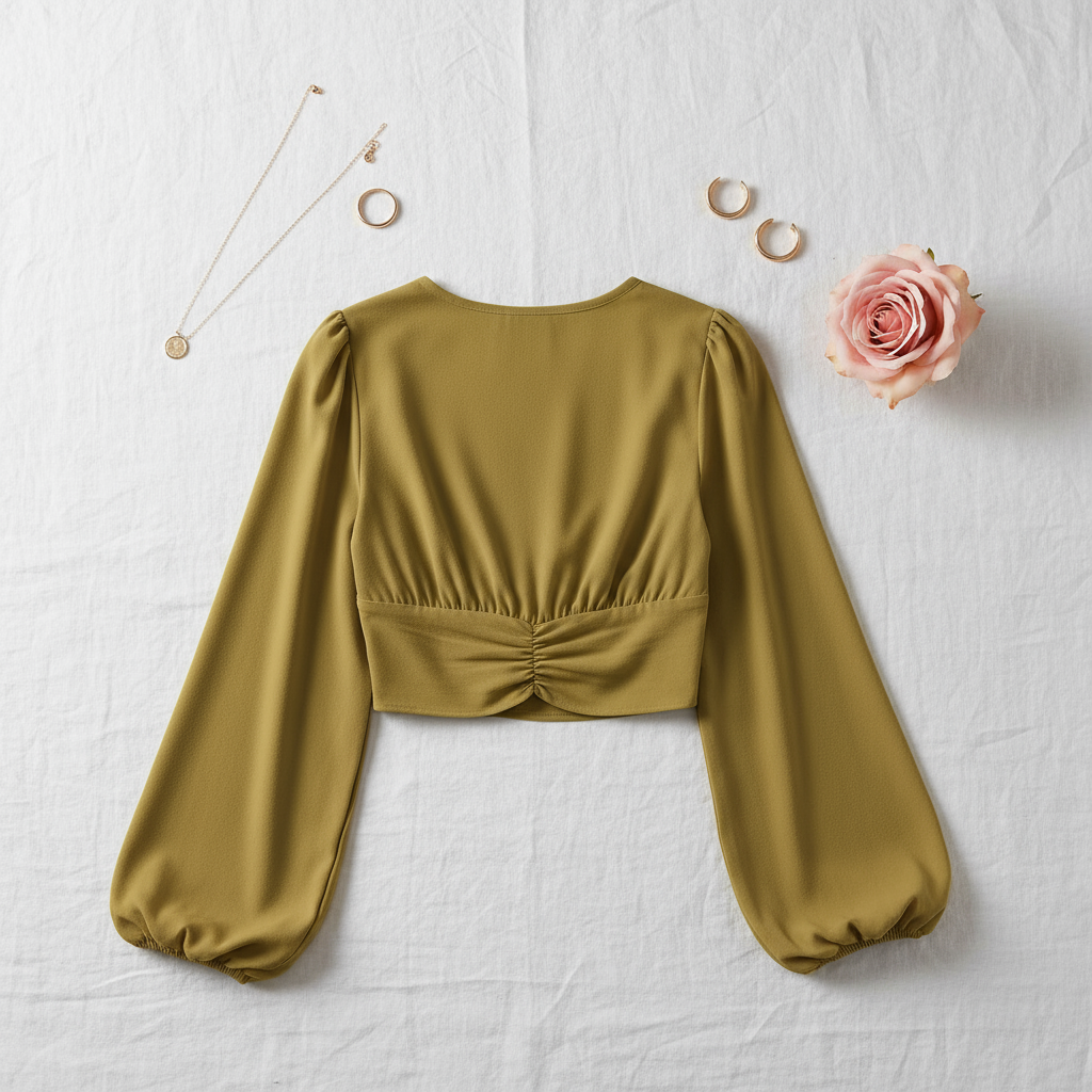 Back view on white linen with minimalist accessories and blush pink rose