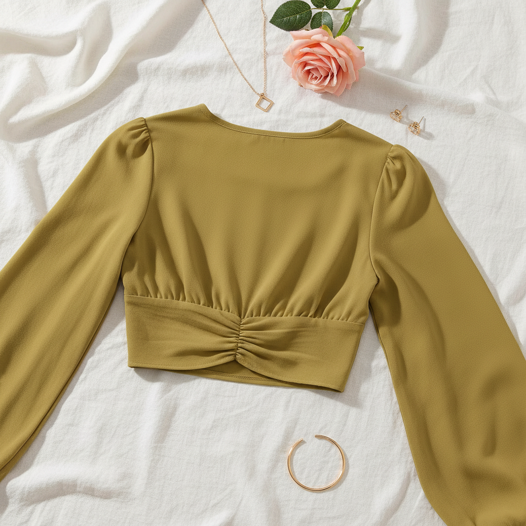 Back view on white linen with minimalist accessories and blush pink rose