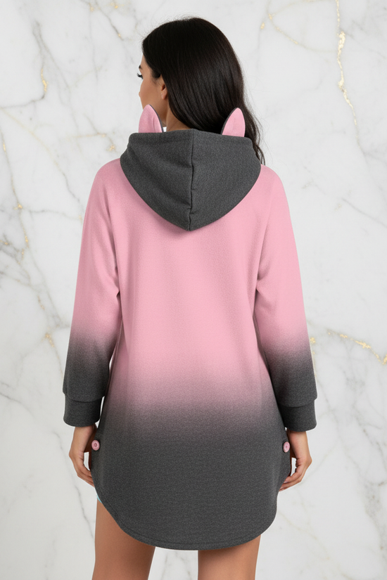 Back view showing buttons and curved hem