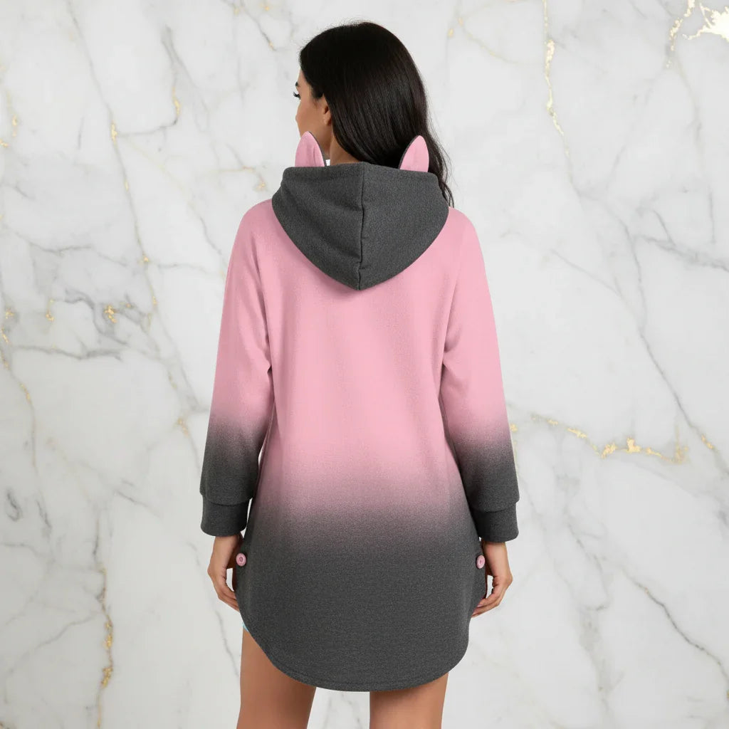 Back view showing buttons and curved hem