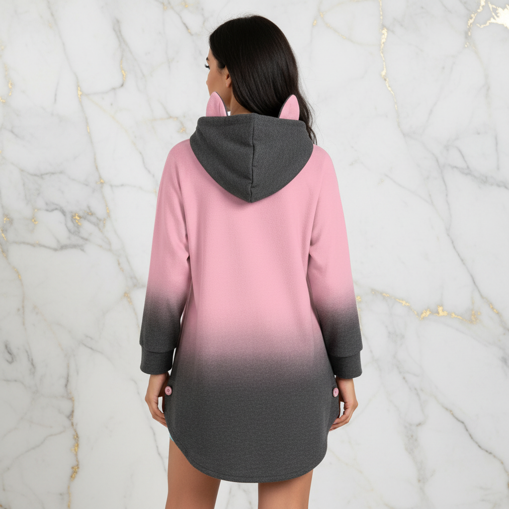 Back view showing buttons and curved hem