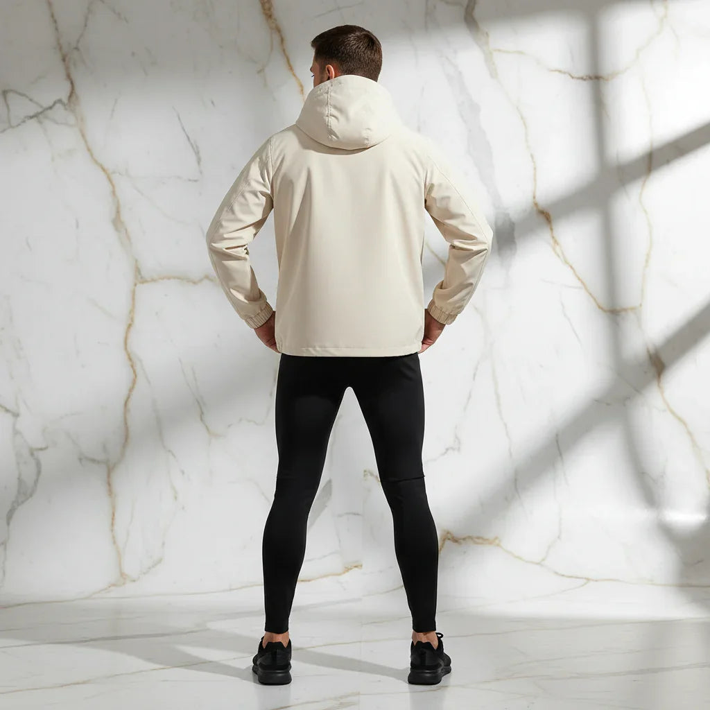 Back view - sporty man in off-white jacket