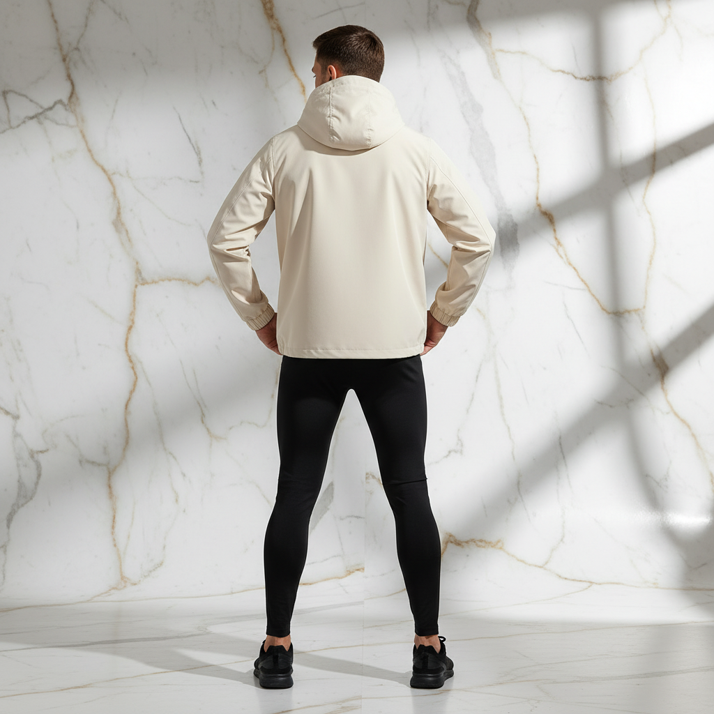 Back view - sporty man in off-white jacket