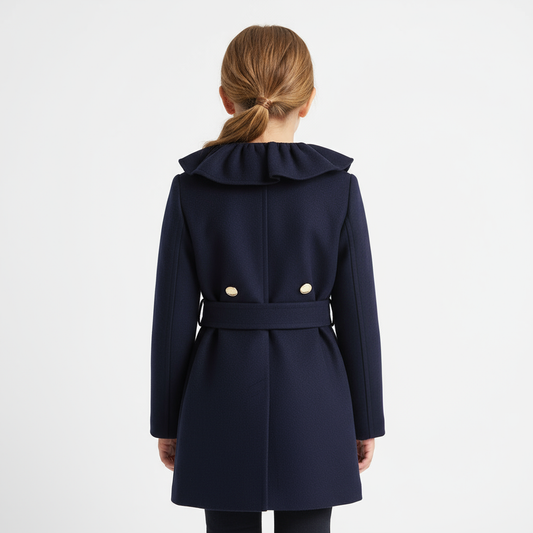 Chic Lined Navy Jacket with Ruffles and Belt
