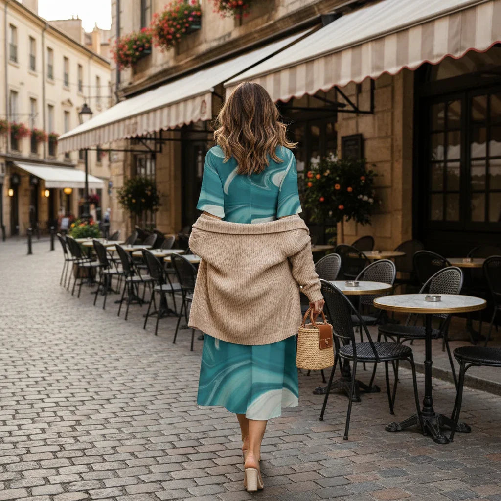 Woman in a stylish teal dress and heels walking towards a cafe, holding a woven bag, Ivorynn fashion