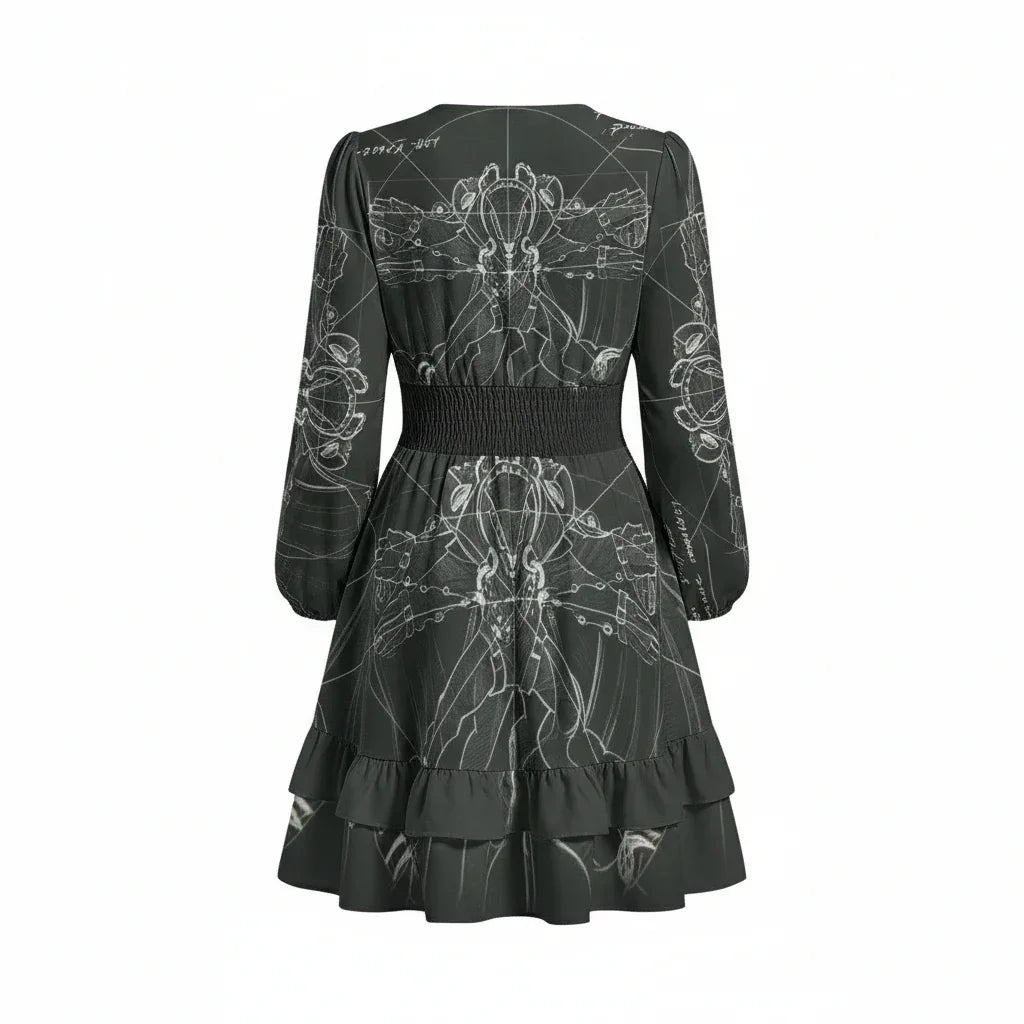 Back view of a black long sleeve dress with white abstract pattern, sold at Ivorynn