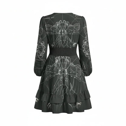 Back view of a black long sleeve dress with white abstract pattern, sold at Ivorynn