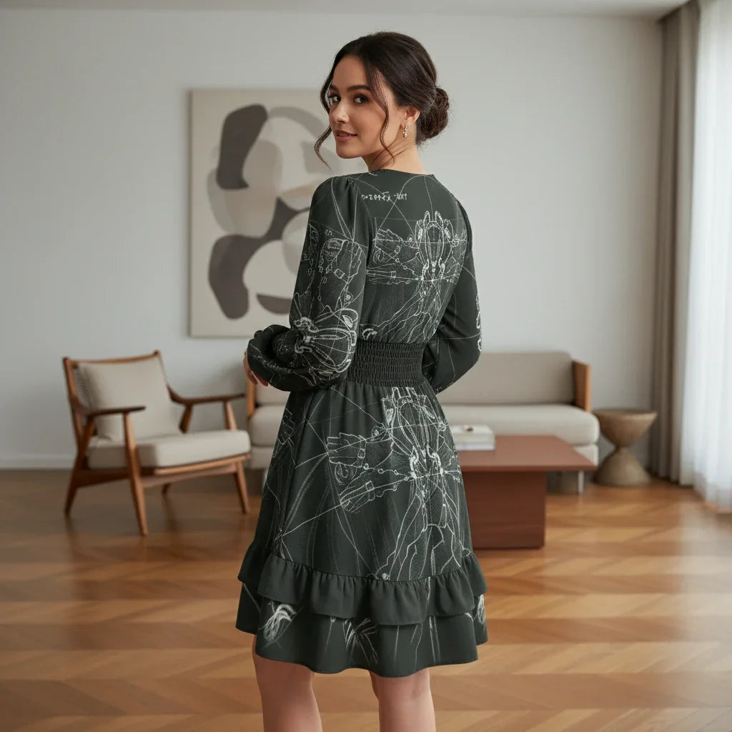 Woman in a black printed dress stands in a modern living room, looking over her shoulder