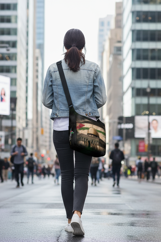 Back view - woman on business street