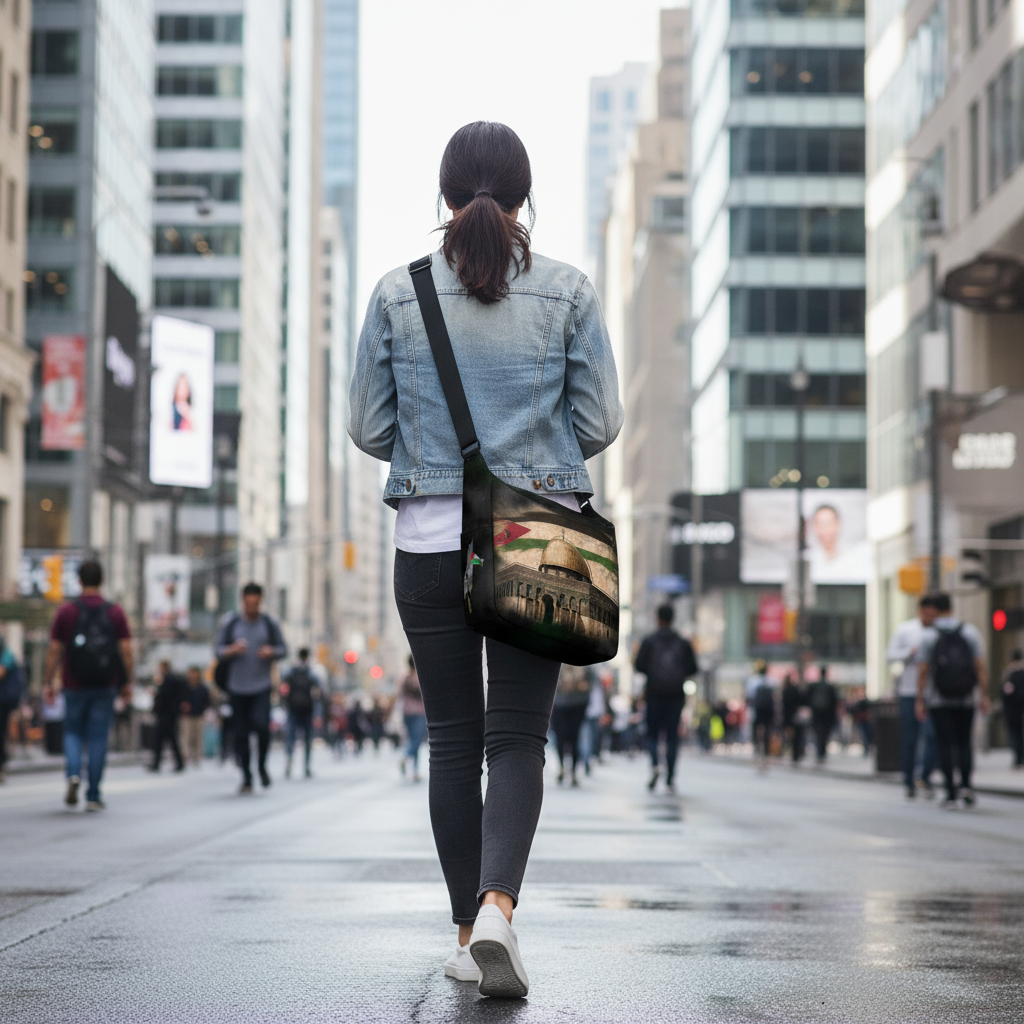 Back view - woman on business street