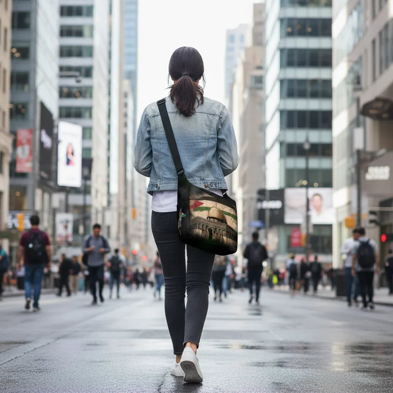 Back view - woman on business street