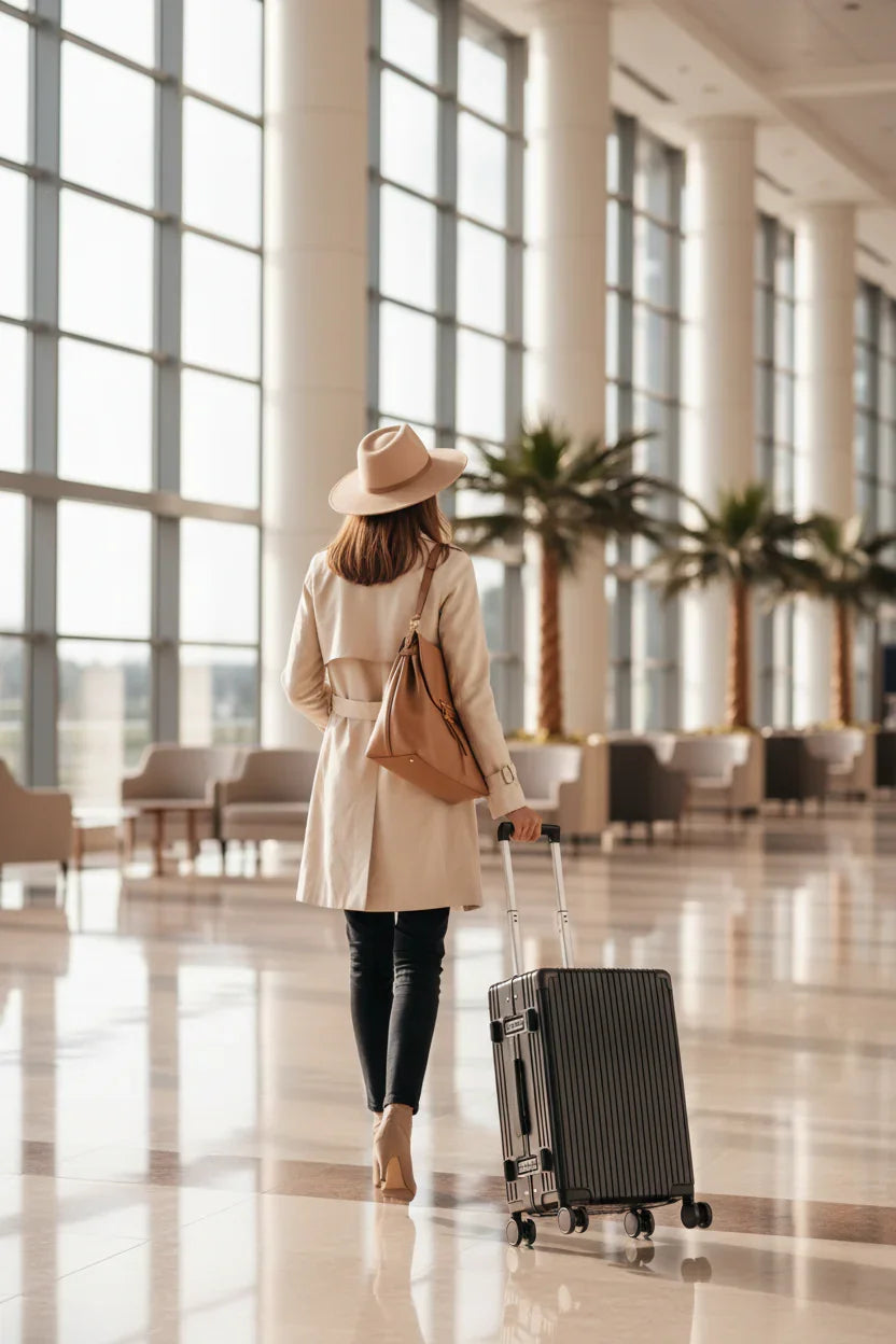Back view - Woman walking away, luggage closed