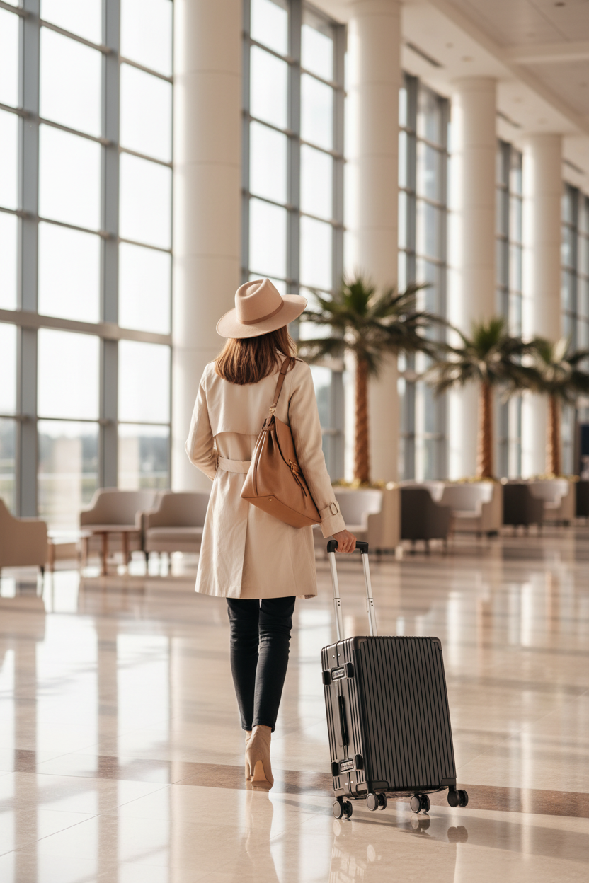 Back view - Woman walking away, luggage closed