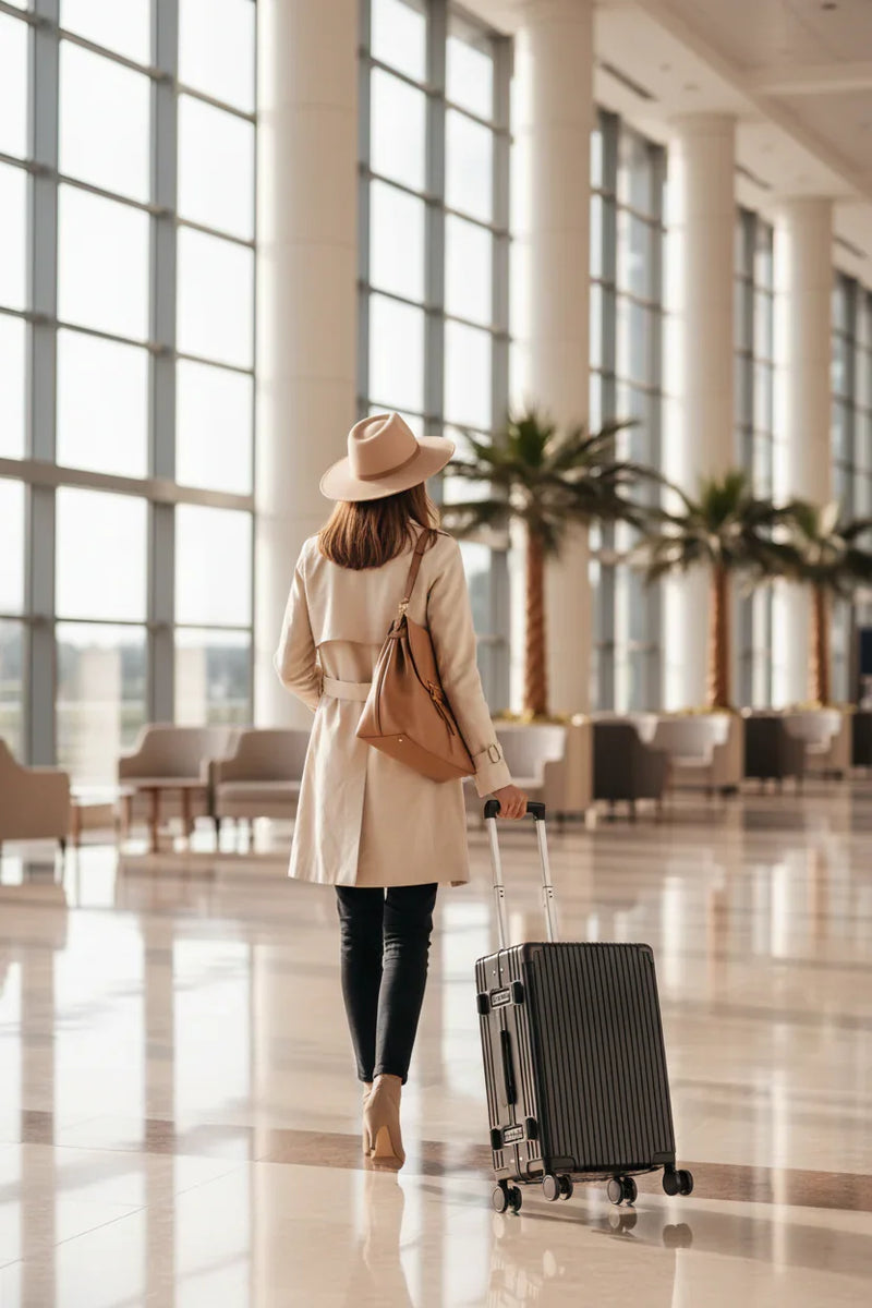 Back view - Woman walking away, luggage closed