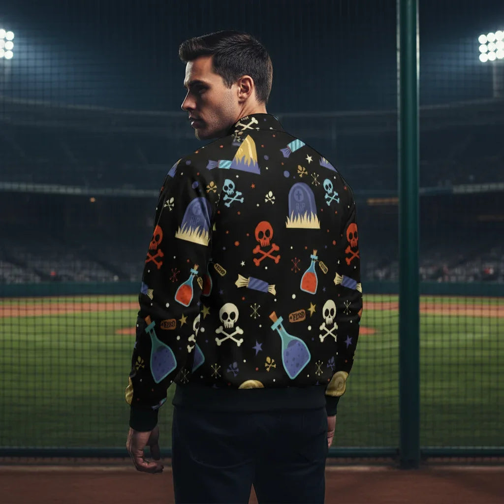 Back view of man in dark jacket with colorful skulls, potions, tombstones at stadium, Ivorynn fashion