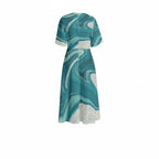 Back view of teal and white marble print midi dress, women's fashion at Ivorynn