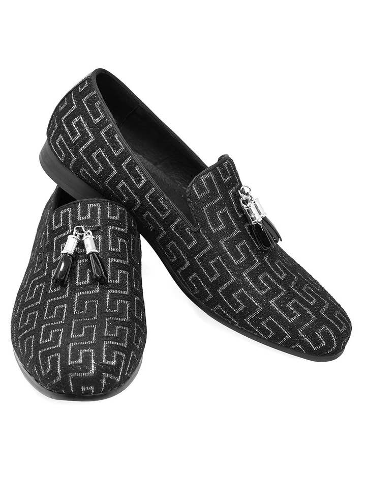Men's Luxury Rhinestone Greek Key Baroque Tassel Slip-On Loafer Dress Shoes