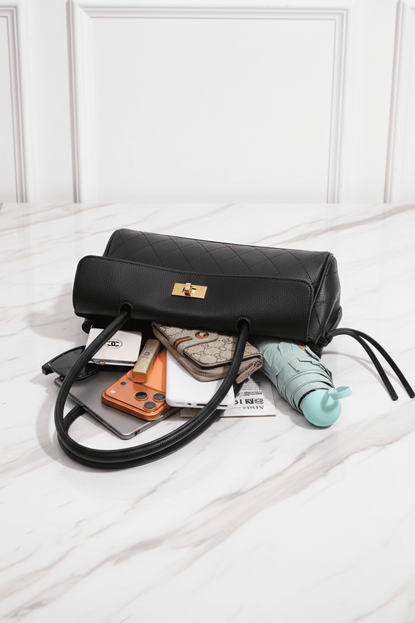 Bag with contents on marble background