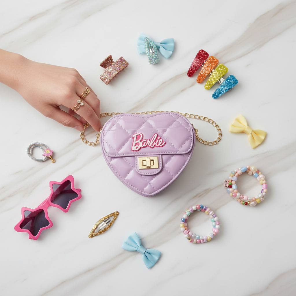 Bag with kids accessories - flat lay