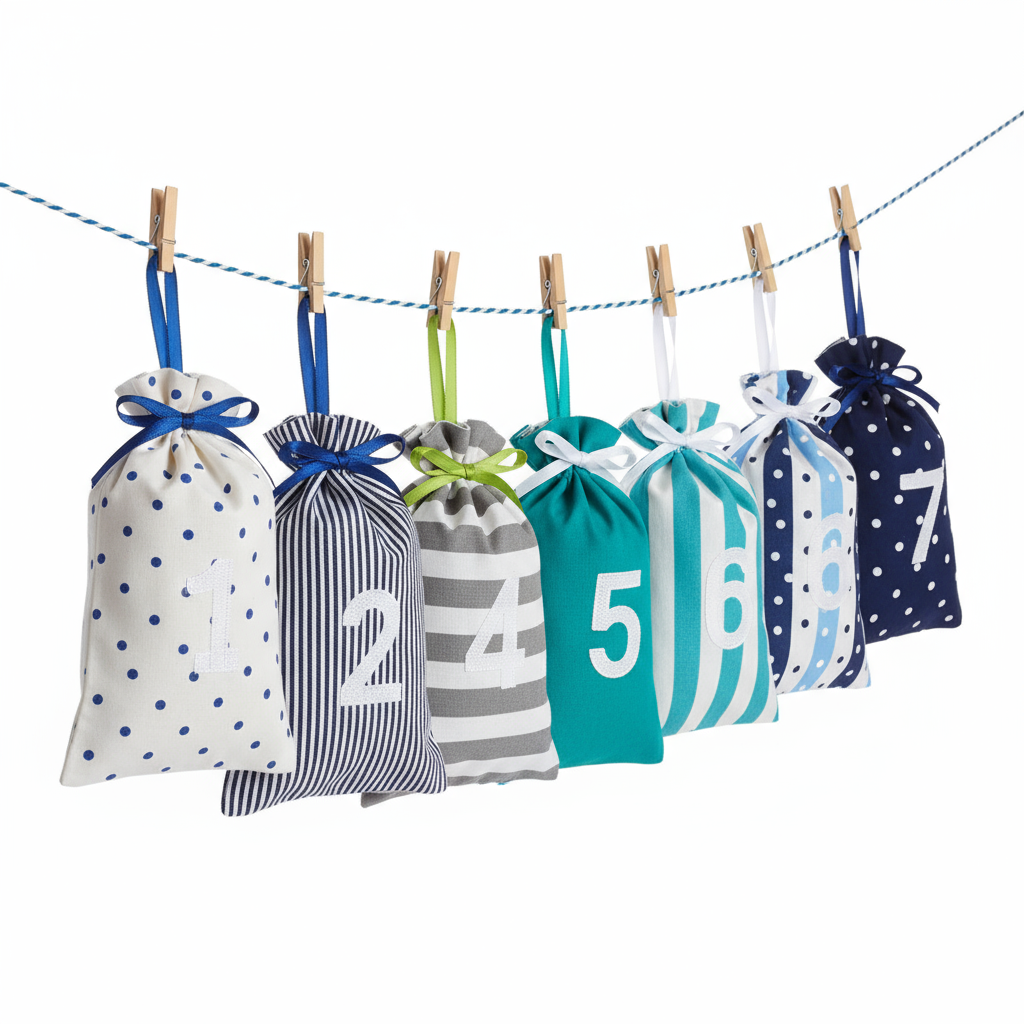 Bags 1 through 7 in a row