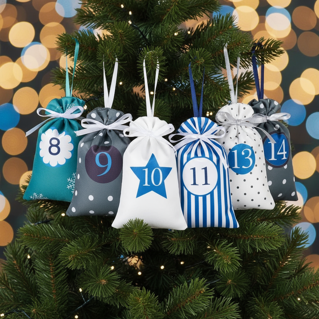 Bags 8 through 14 on tree