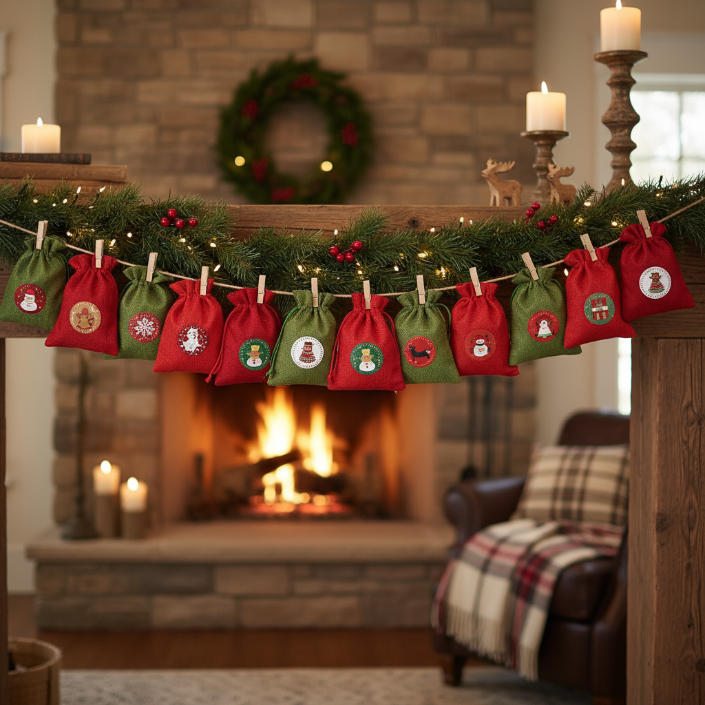 Bags hanging on mantel in cozy home