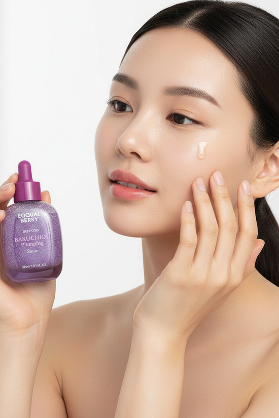 امرأة تضع سيروم Bakuchiol على وجهها