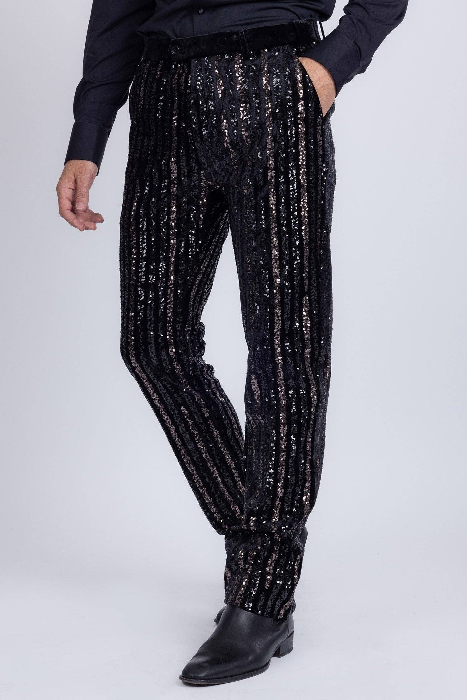 Men's Black Gunmetal Sequin Slim Fit Stretch Pants - Dazzling Party & Stage Wear