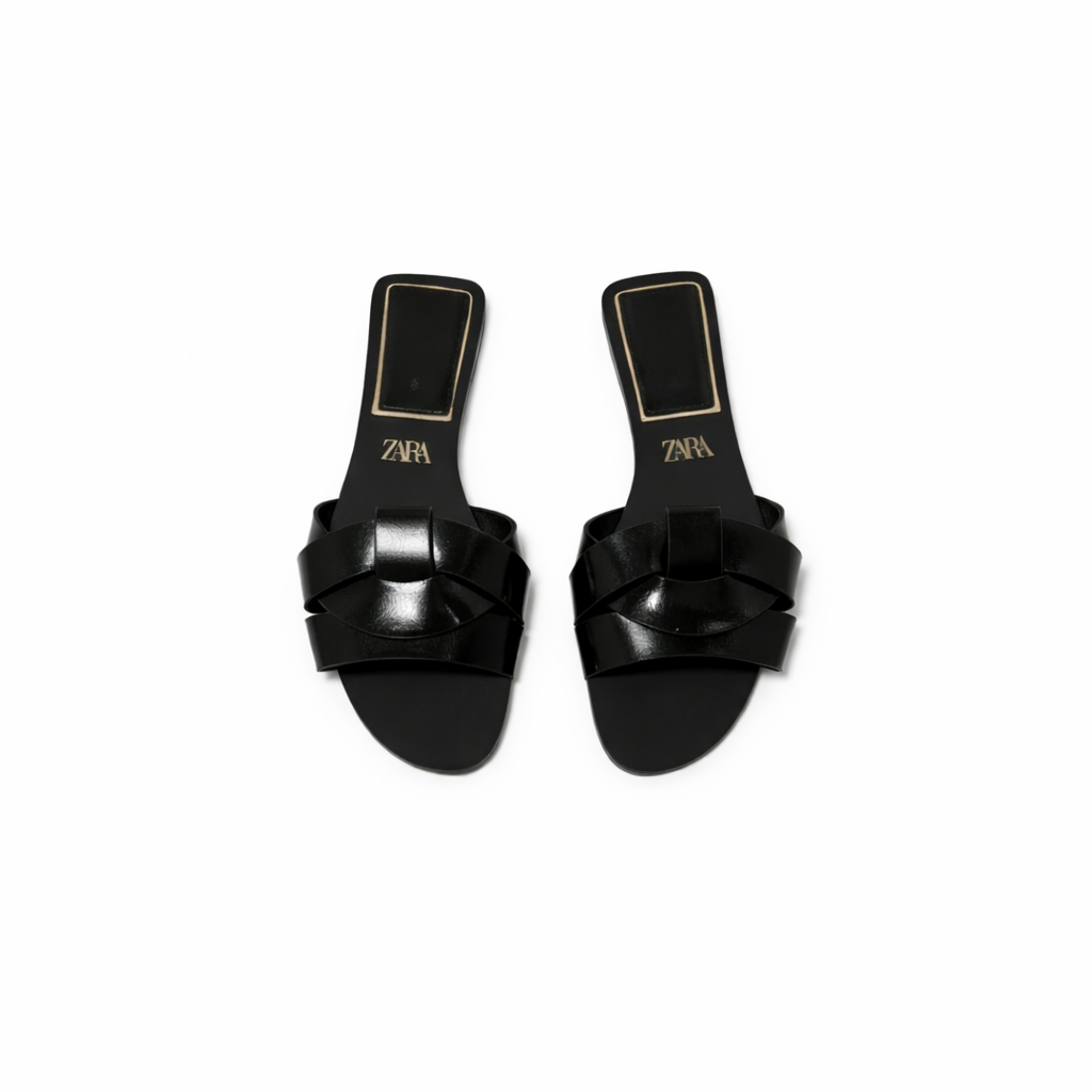 Flats Cow Black Leather Sandals