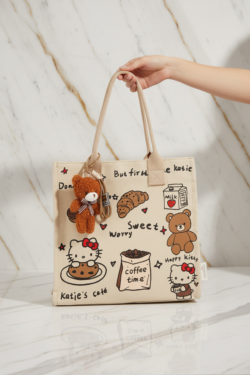 Beige Katie's Cafe Bag in Hand - Marble Background