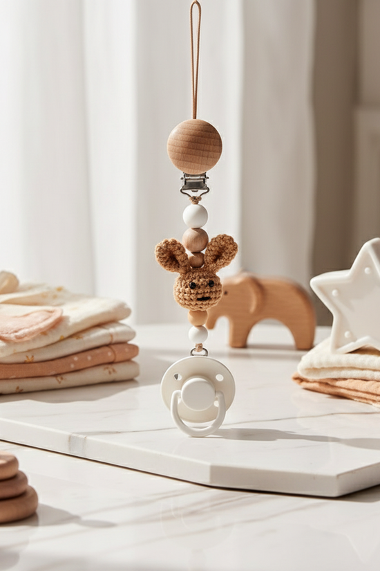 Beige Pacifier Clip with Pacifier 2