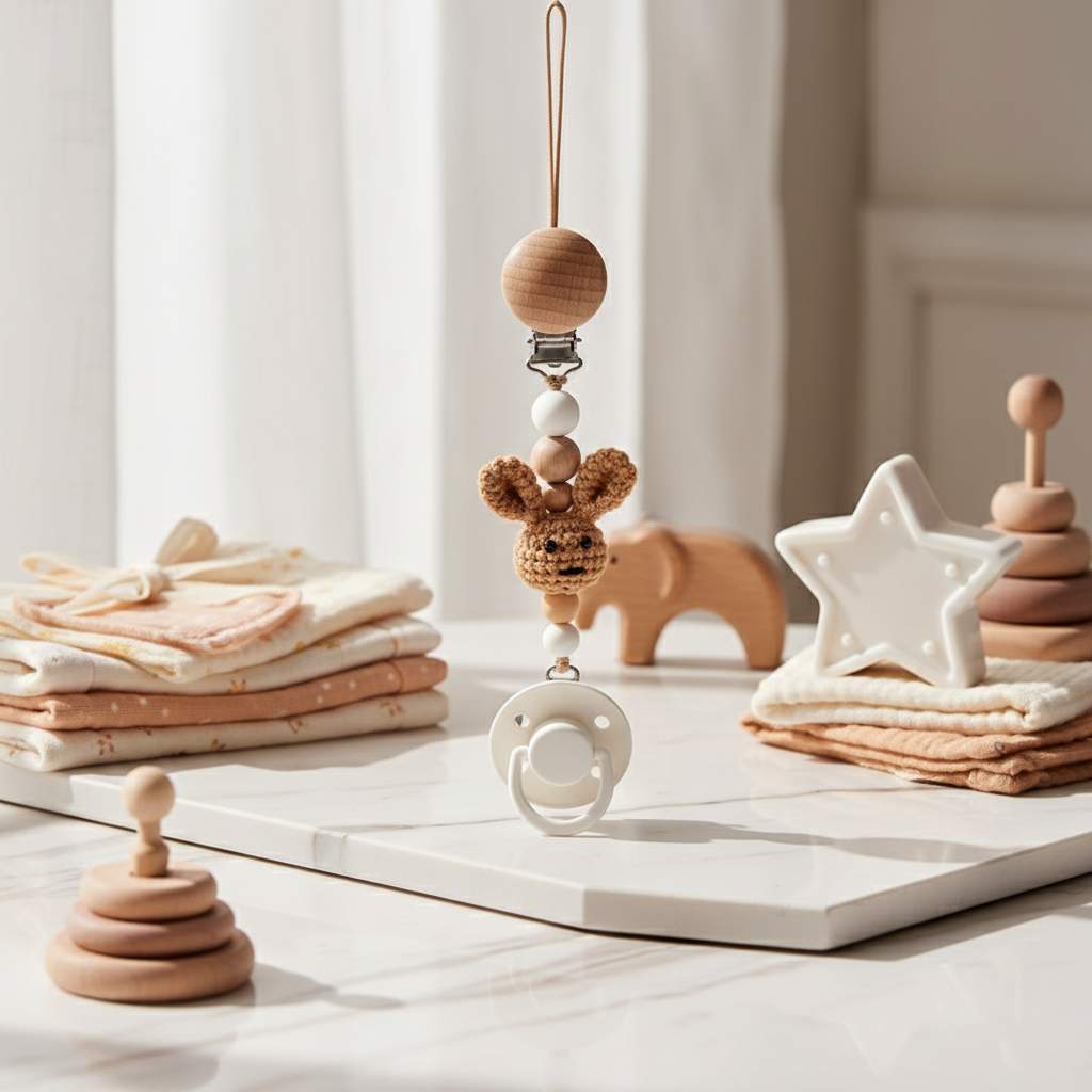 Beige Pacifier Clip with Pacifier 2