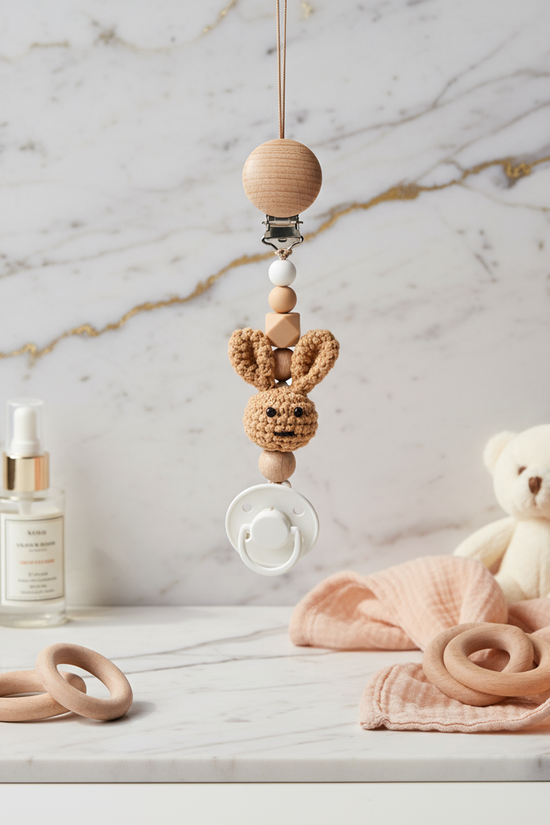 Beige Pacifier Clip with Pacifier 3