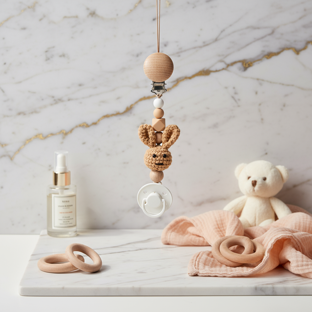Beige Pacifier Clip with Pacifier 3