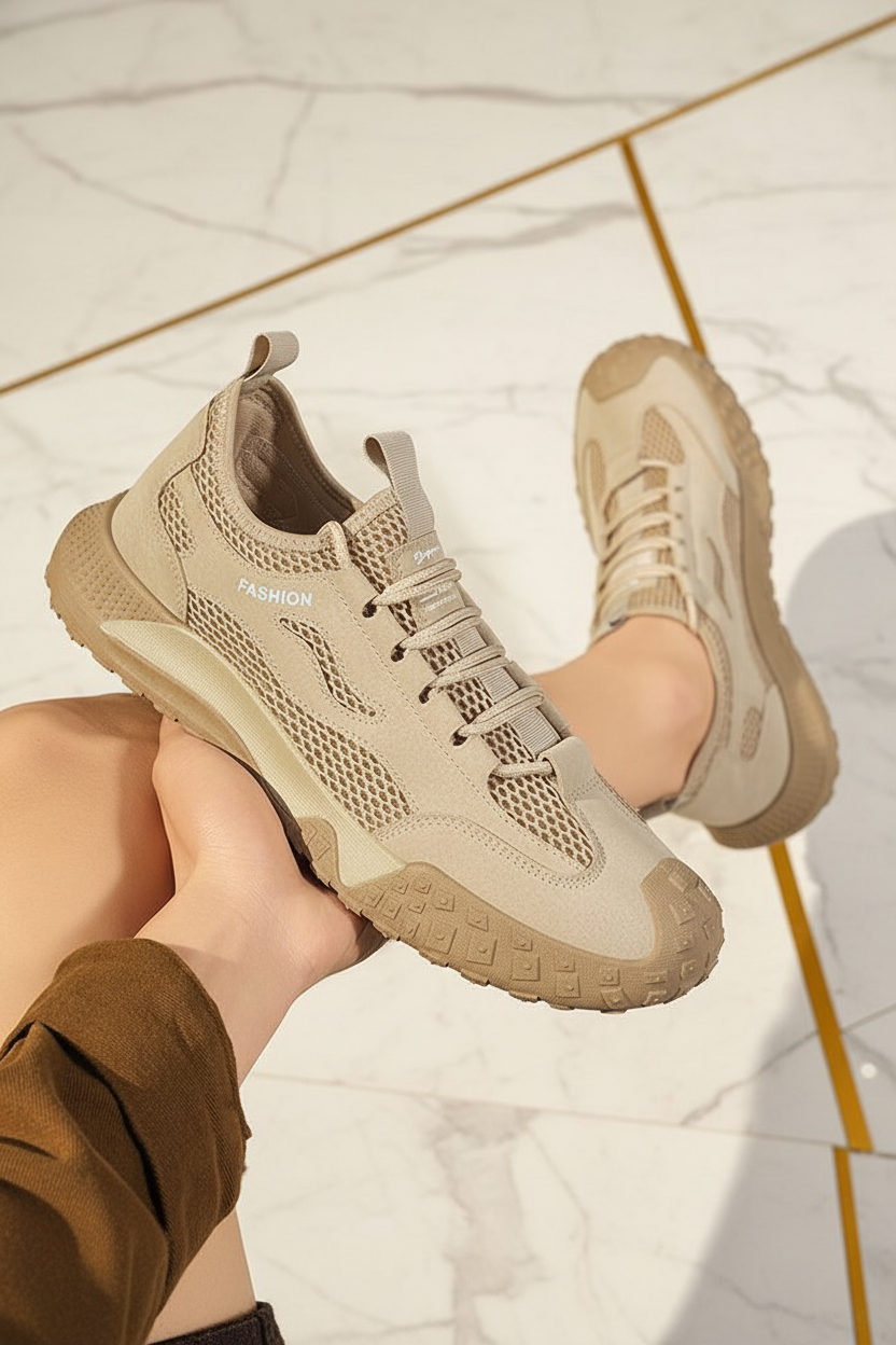 Beige shoes sitting pose marble
