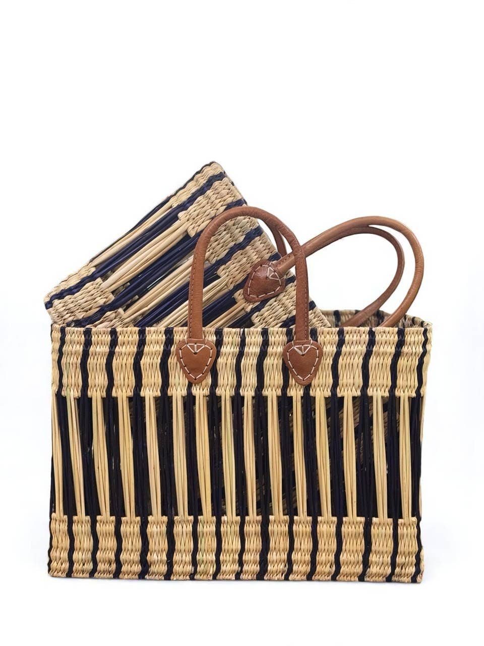Moroccan Handwoven Straw Tote Bag with Leather Handles - Eco-Friendly Striped Design