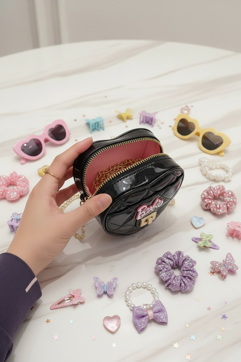 Black bag opened with kids accessories