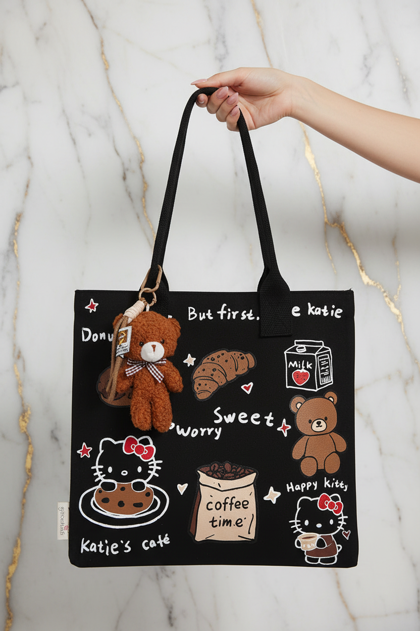 Black Katie's Cafe Bag in Hand - Marble Background