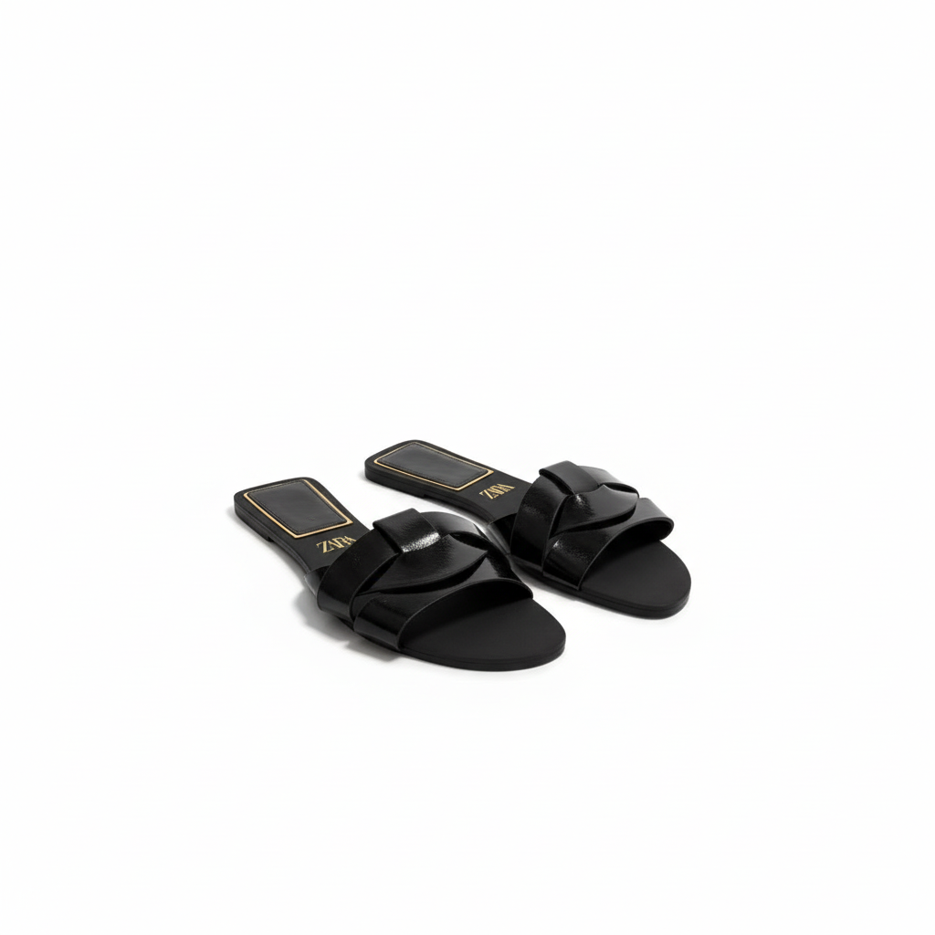 Flats Cow Black Leather Sandals