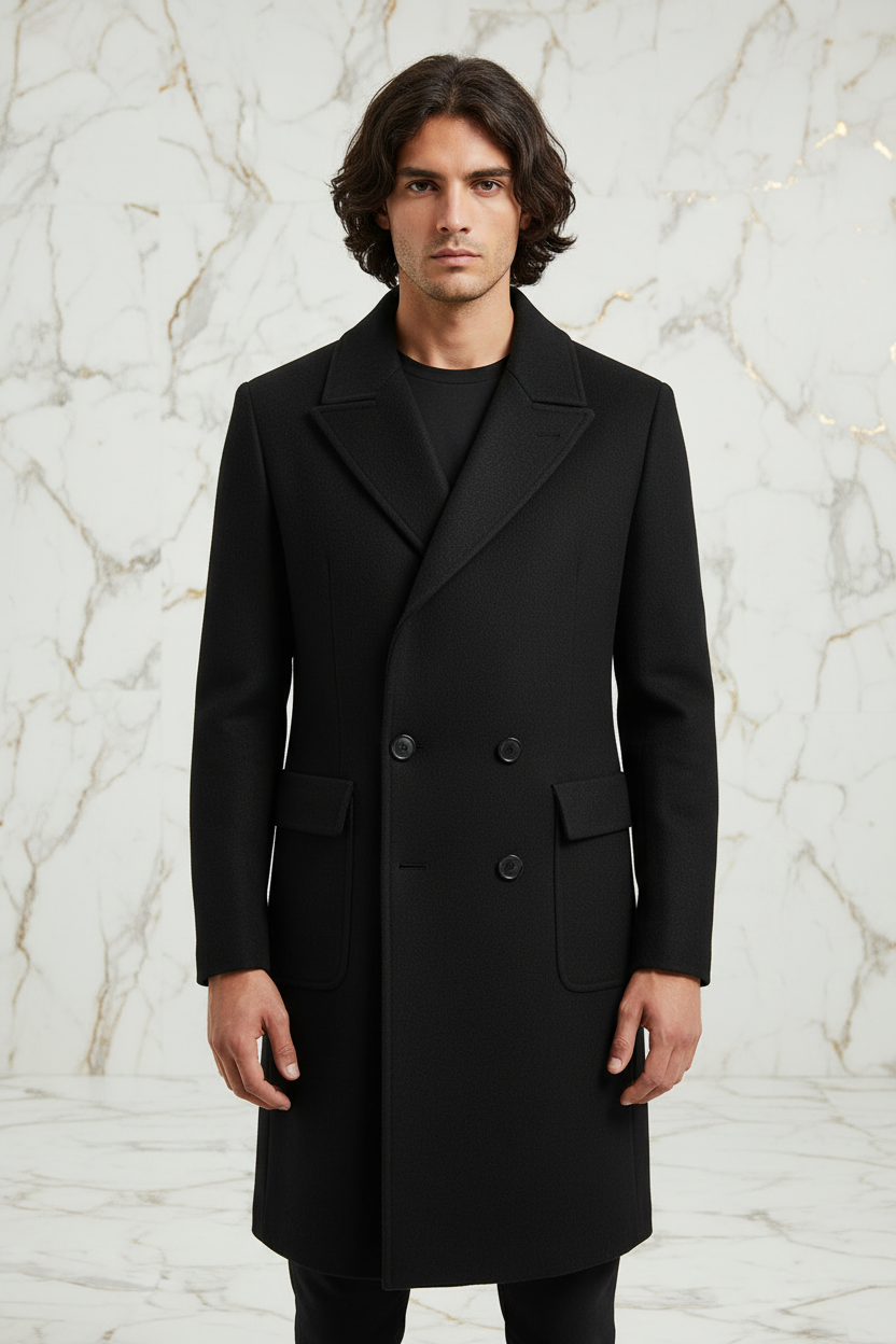 Black Wool Coat - Front - With Pockets